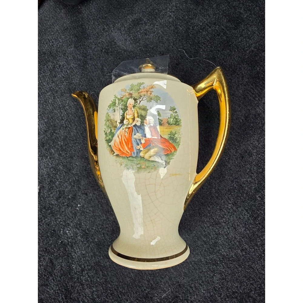 Vtg Courting Couple Ceramic Coffee Pot Gold Trim Fragonard Style Teapot Cream